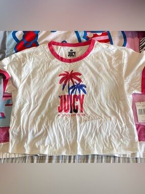 NWT Juicy Couture White Ringer Tee with Pink & Blue Palm Graphic